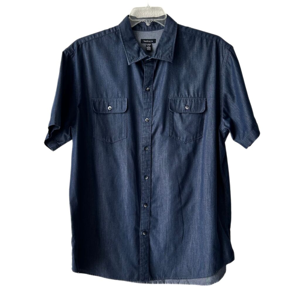 Van Heusen Button Down Denim Blue Cotton Short Sleeve Collared Shirt  Men’s XL
